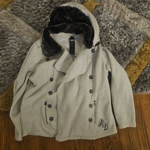Harley-Davidson Light Gray Hooded Coat with Black Faux Fur Lining